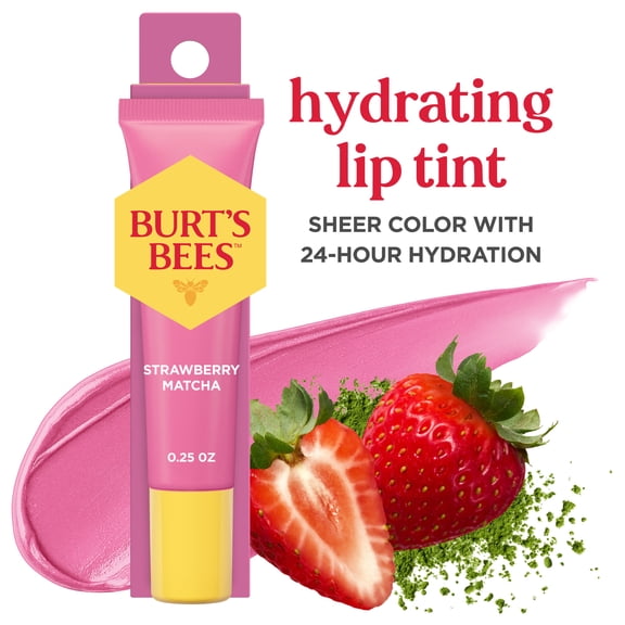Burt's Bees Hydrating Lip Tint, Strawberry Matcha, Sweet Strawberry Flavor with a Hint of Matcha, 0.25 oz. Squeeze Tube
