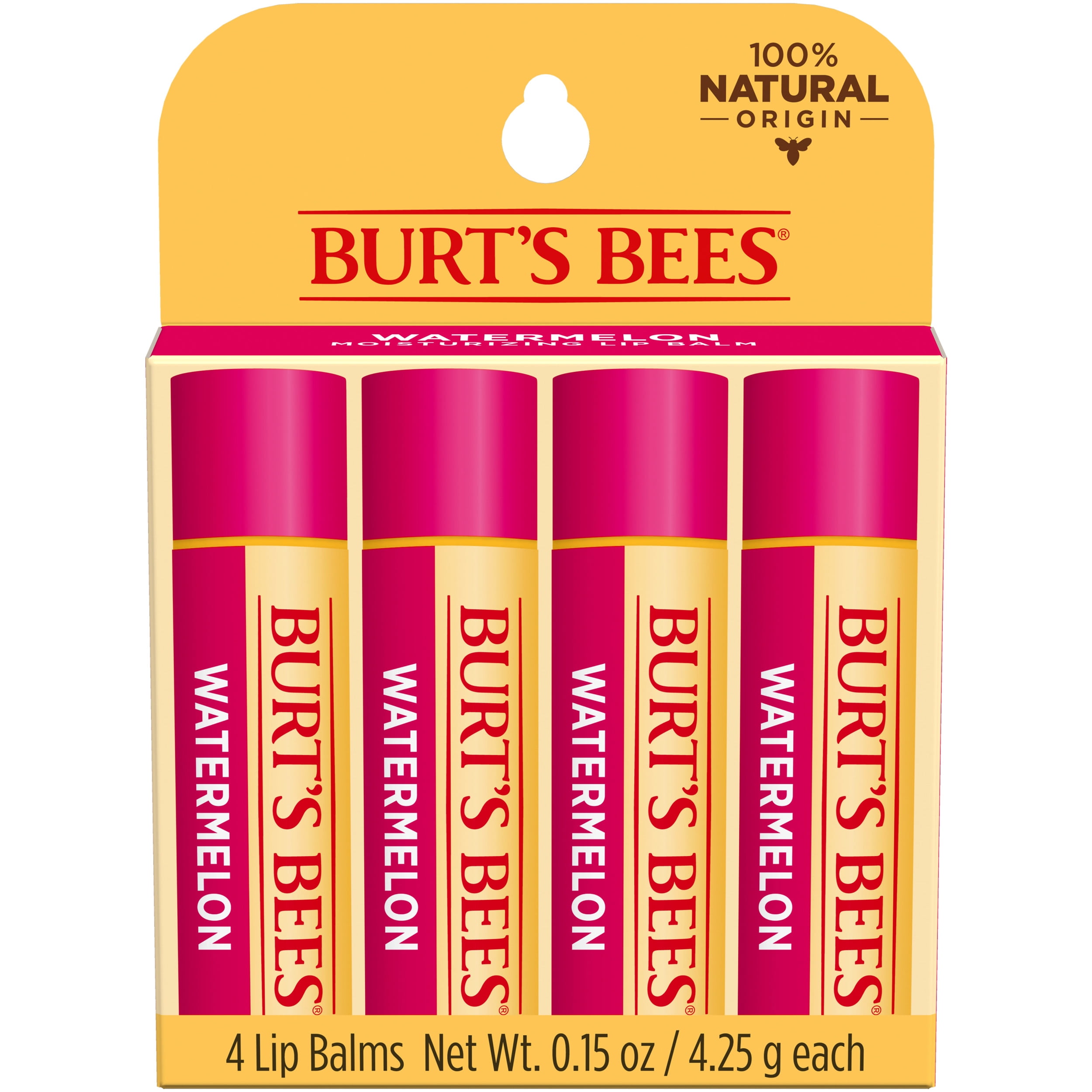 Burt's Bees Watermelon Lip Balm, Natural Origin Lip Care, 4 Tubes, 0.15