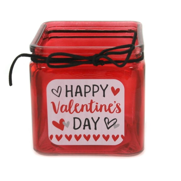 Burton & Burton Happy Valentines Day Cube Vase - 1 Decorative Glass Jar 3.75 Inch, Glass - Red Planter Candy Jar 189085