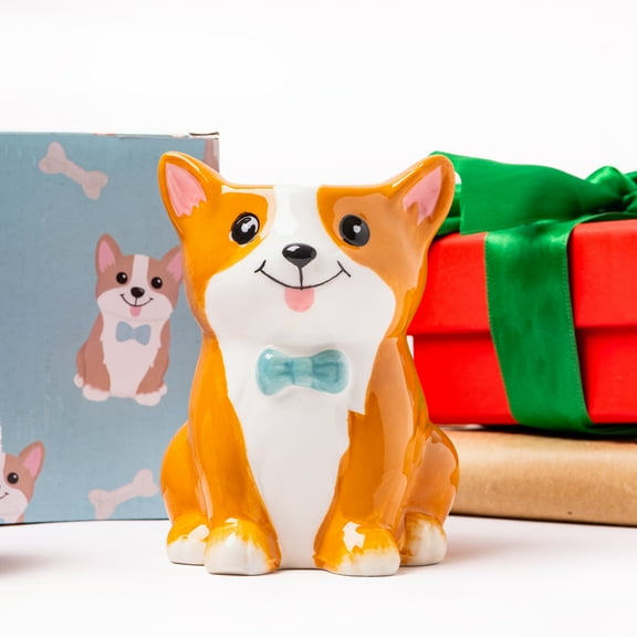 Burton Corgi Coffee Mug with Gift Box, Brown Porcelain Ceramic Cup with Handle, 10 oz Capacity