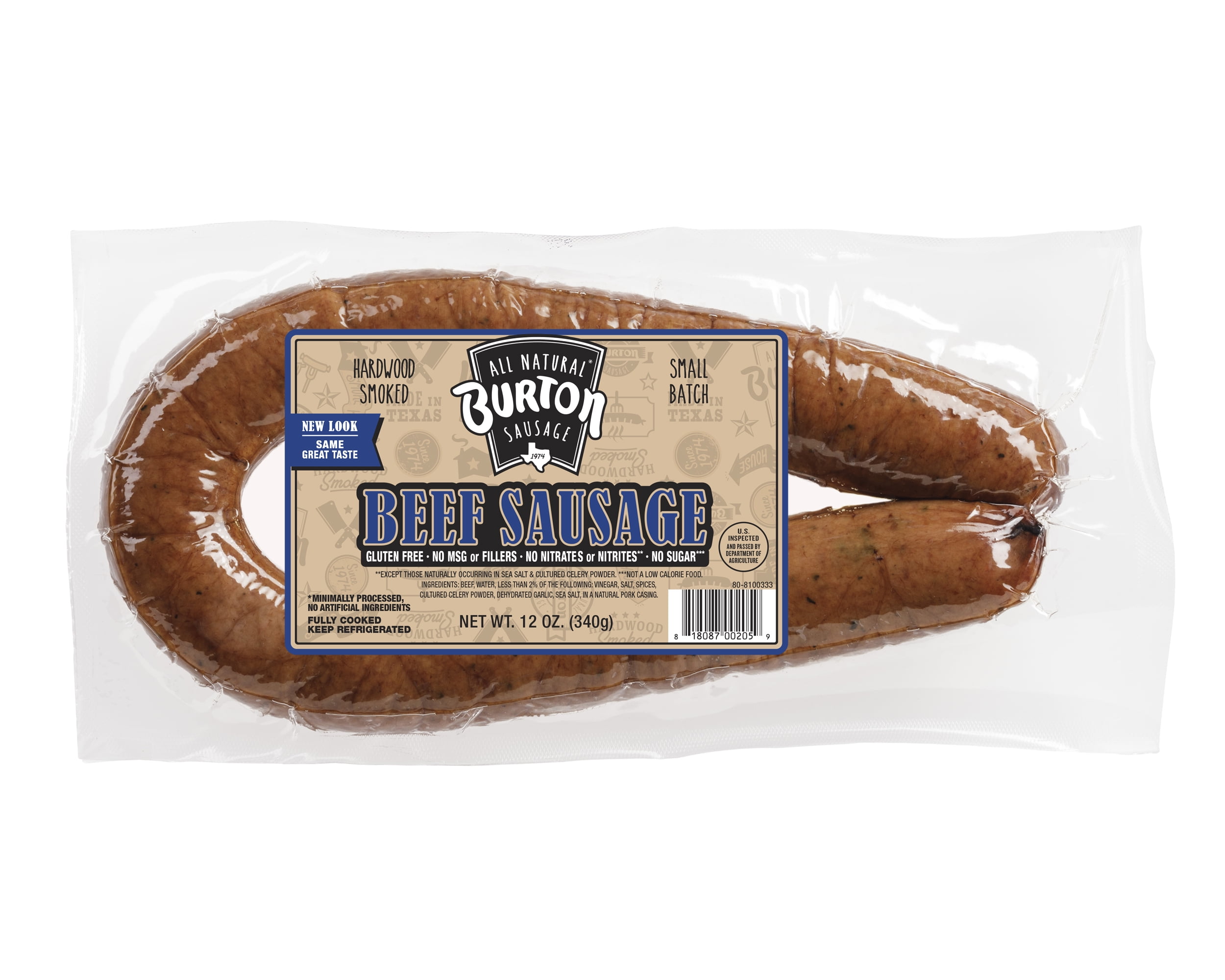 Burton Smoked Beef Rope Sausage 12oz Fully Cooked Gluten Free Plastic Vacuum Pack