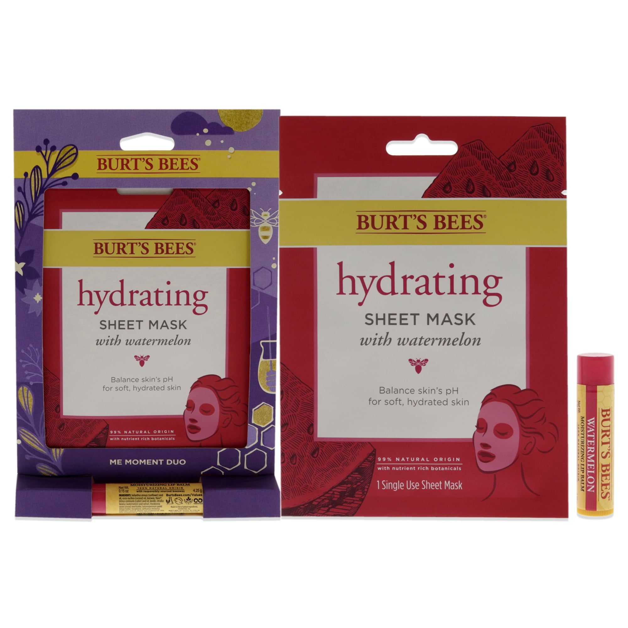 Burt's Bees Me Moment Duo Holiday Gift Set with Hydrating Sheet Mask with Watermelon & Watermelon Moisturizing Lip Balm, Size: 2 CT, Multicolor