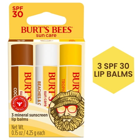 Burt's Bees Sun Care Island Getaway SPF 30 Lip Balm, Natural Origin Lip Care, 3 Tubes, 0.15 oz.