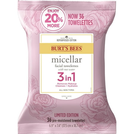 Burts Bees Micellar 3 in 1 Facial Towelettes, Pink Grapefruit, 36 ct