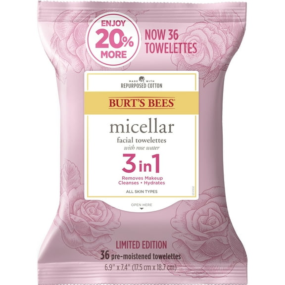 Burts Bees Micellar 3 in 1 Facial Towelettes, Pink Grapefruit, 36 ct