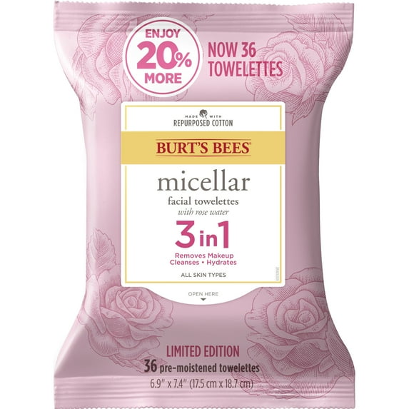 Burts Bees Micellar 3 in 1 Facial Towelettes, Pink Grapefruit, 36 ct