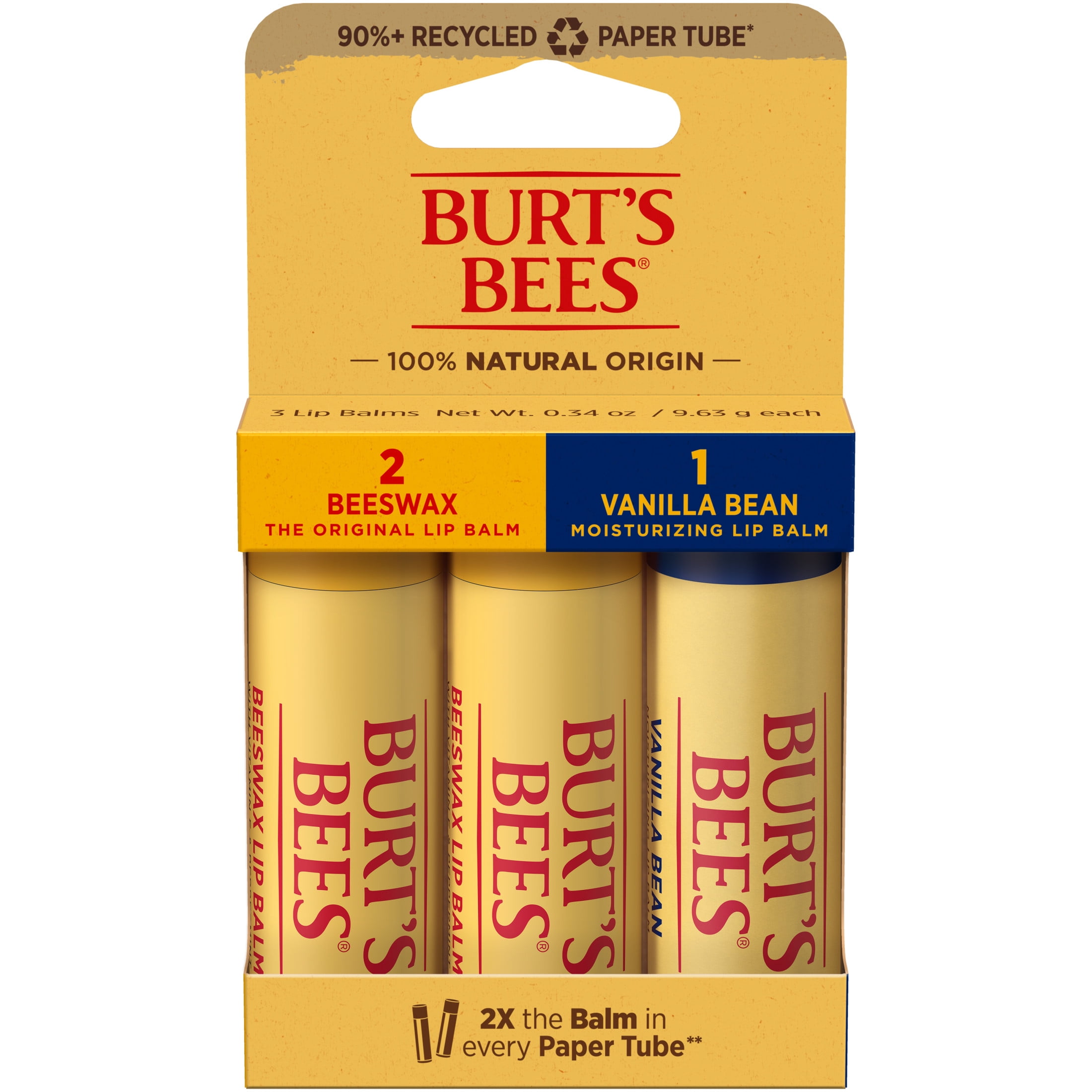 Burts Bees Original Beeswax and Vanilla Bean Moisturizing Lip Balm Pack, 3 Paper Tubes, 0.34 Ounce Each