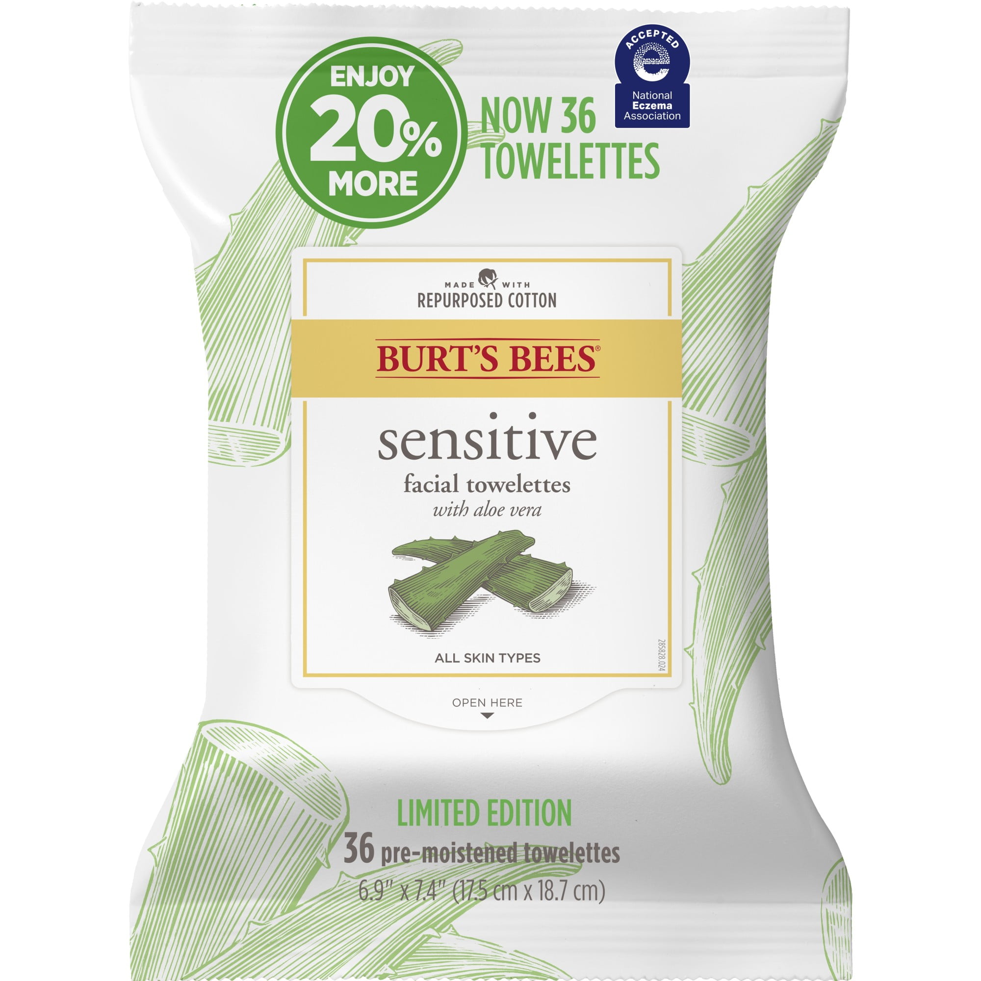Burts Bees Sensitive Facial Cleanser Wipes, Aloe Extract, 36 ct