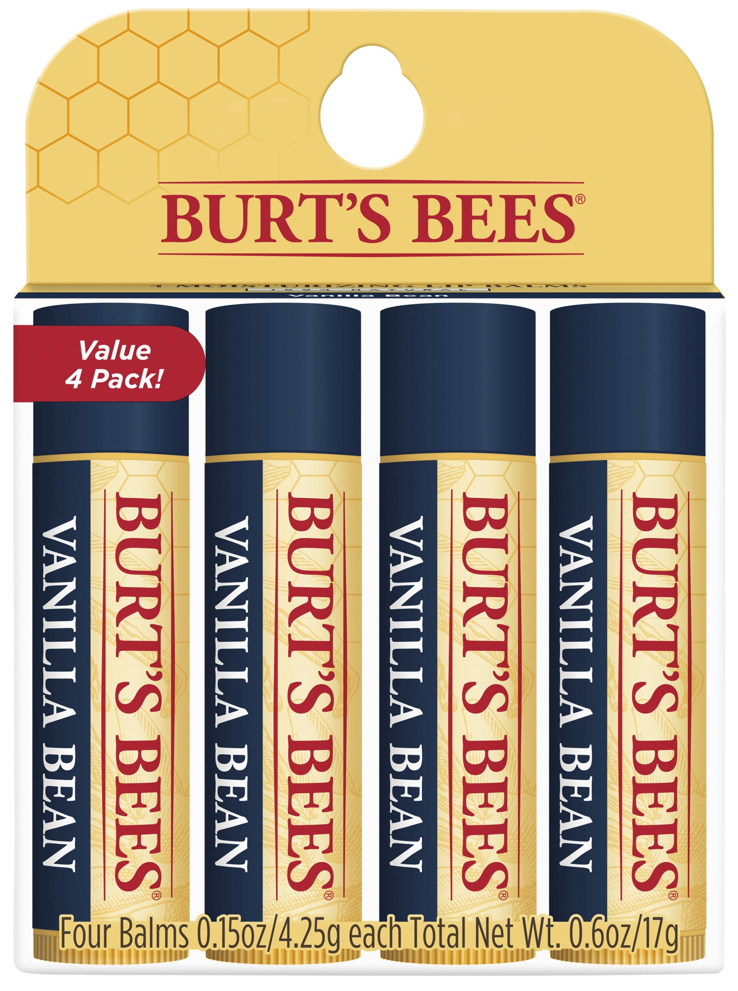 Burts Bees Vanilla Bean Lip Balm, 4-Pack, 0.15 oz.