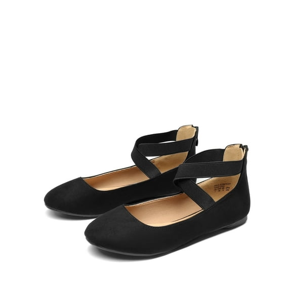 Burudani Mary Jane Shoes For Women Ladies Ballet Flats With Elastic Crossed Ankle Strap BLACK Size 7.5