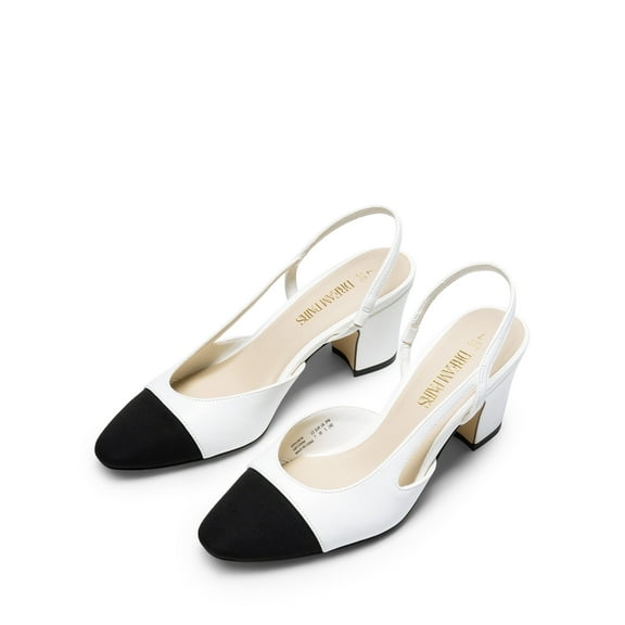 BURUDANI Women Slingback Low Chunky Heels Pumps Ankle Strap Cap Toe Pumps Shoes WHITE Size 9.5