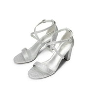 BURUDANI Women's Ankle Strap Dress Pump Low Chunky Heel Sandals MADISON SILVER/GLITTER Size 9