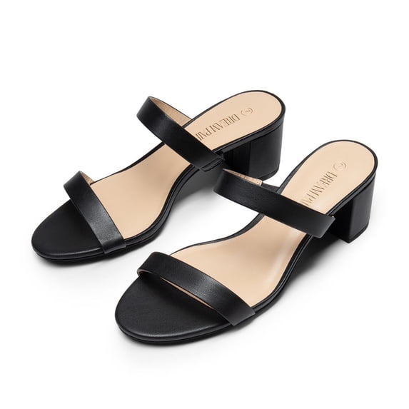 BURUDANI Women's Chunky Heel Sandals Two Strap Open Toe Low Block Dress Pumps Shoes BLACK/PU Size 9