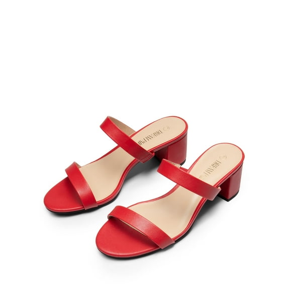 BURUDANI Women's Chunky Heel Sandals Two Strap Open Toe Low Block Dress Pumps Shoes RED/PU Size 6.5