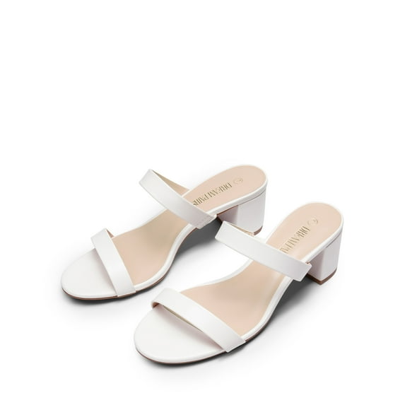 BURUDANI Women's Chunky Heel Sandals Two Strap Open Toe Low Block Dress Pumps Shoes WHITE/PU Size 8.5