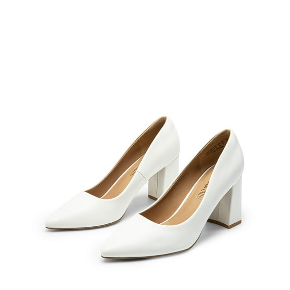 Burudani Women's High Chunky Heel Pump Closed Toe Block Heels Slip On Dress Pumps Shoes WHITE Size 10