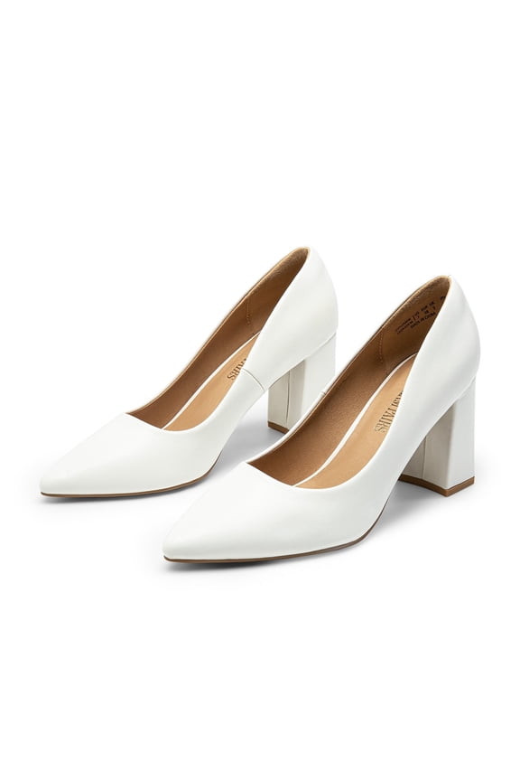 Women's High Chunky Heel Pump Closed Toe Block Heels Slip On Dress Pumps Shoes WHITE Size 9.5