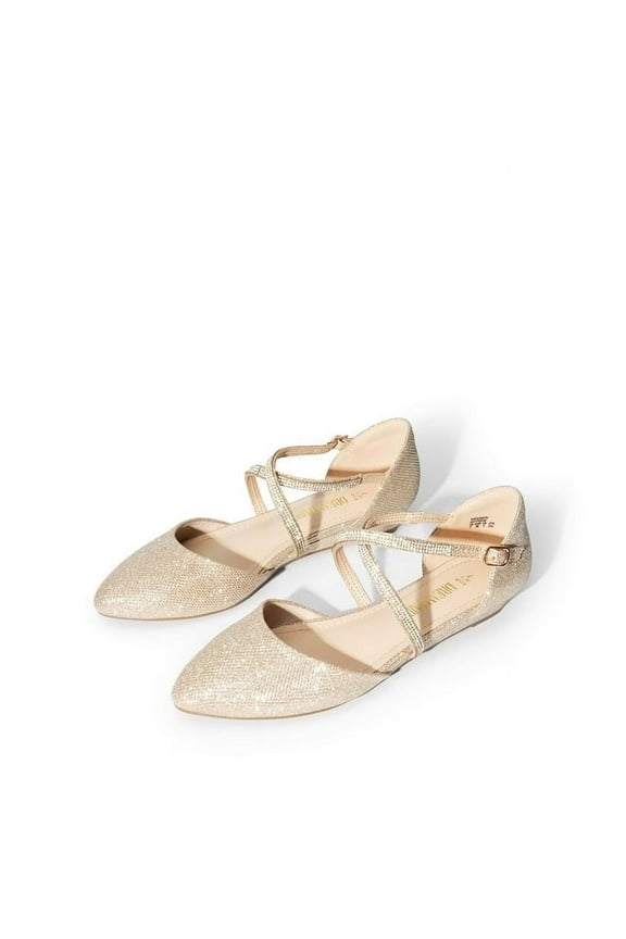 Women's Pointed Toe Ballet Low Wedge Heeled Ankle Strap Flats Shoes Slip-on Dress Shoes GOLD-GLITTER Size 9