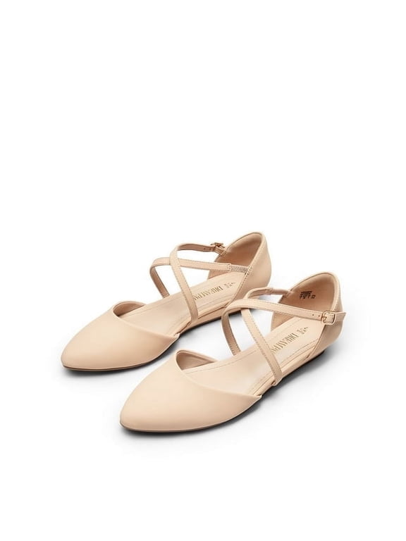 Women's Pointed Toe Ballet Low Wedge Heeled Ankle Strap Flats Shoes Slip-on Dress Shoes NUDE-NUBUCK Size 9