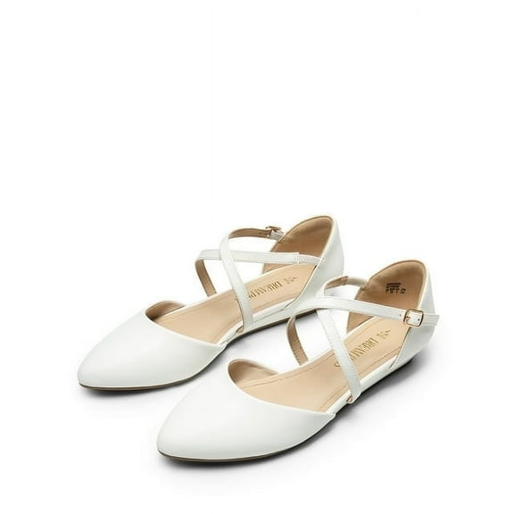 DREAM PAIRS Women's Pointed Toe Ballet Low Wedge Heeled Ankle Strap Flats Shoes Slip-on Dress Shoes WHITE-PU Size 9