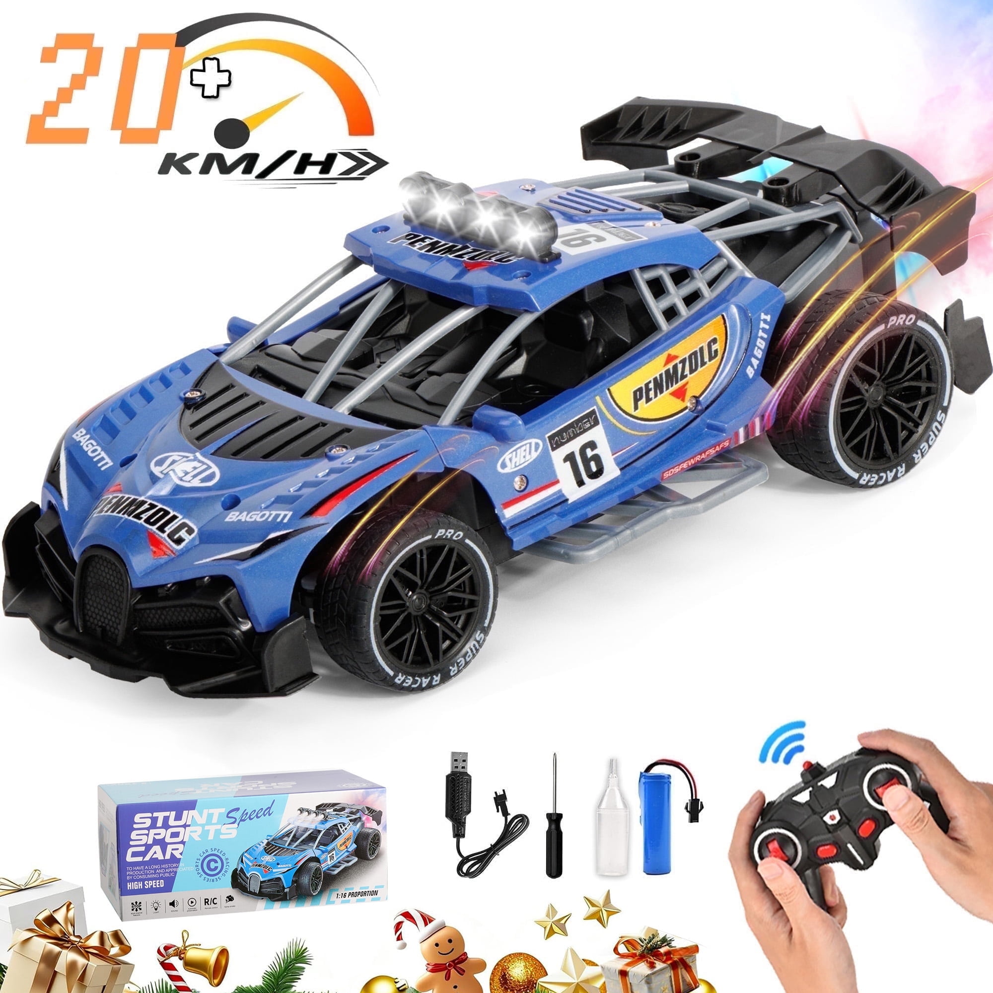 Burufy Remote Control Car Toys for Boys, 1:16 High Speed RC Car with Spray Lights & Music, 4WD Racing Sport Car Gift for Boys Kids