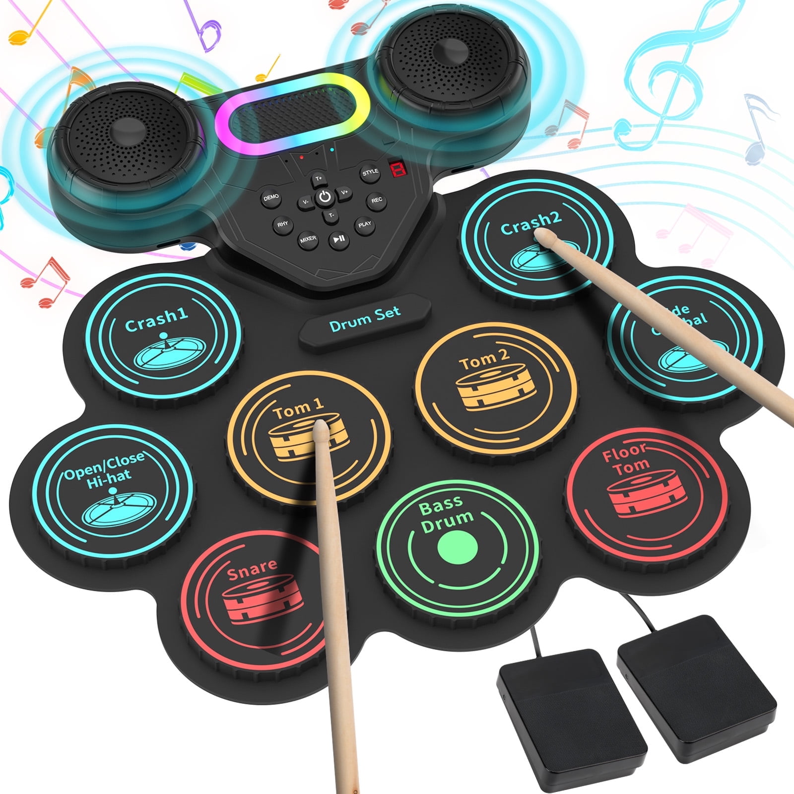 Burufy Electronic Drum Set for Kids Adults Beginners,9 Pads Roll-up Electric Drum Set with Dual Speakers,Headset Jack,Drumsticks,Foot Pedals
