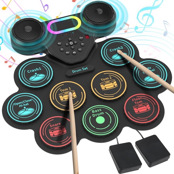 Burufy Electronic Drum Set for Kids Adults Beginners,9 Pads Roll-up Electric Drum Set with Dual Speakers,Headset Jack,Drumsticks,Foot Pedals