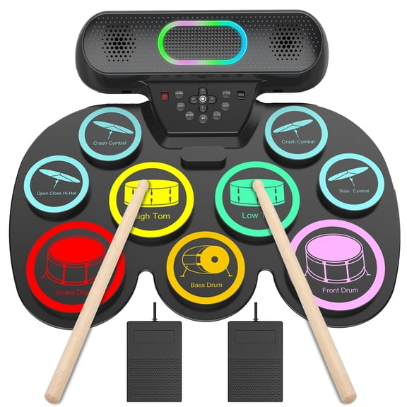 Burufy Electronic Drum Set for Kids Adults Beginners,9 Pads Roll-up Electric Drum Set with Dual Speakers,Headset Jack,Drumsticks,Foot Pedals
