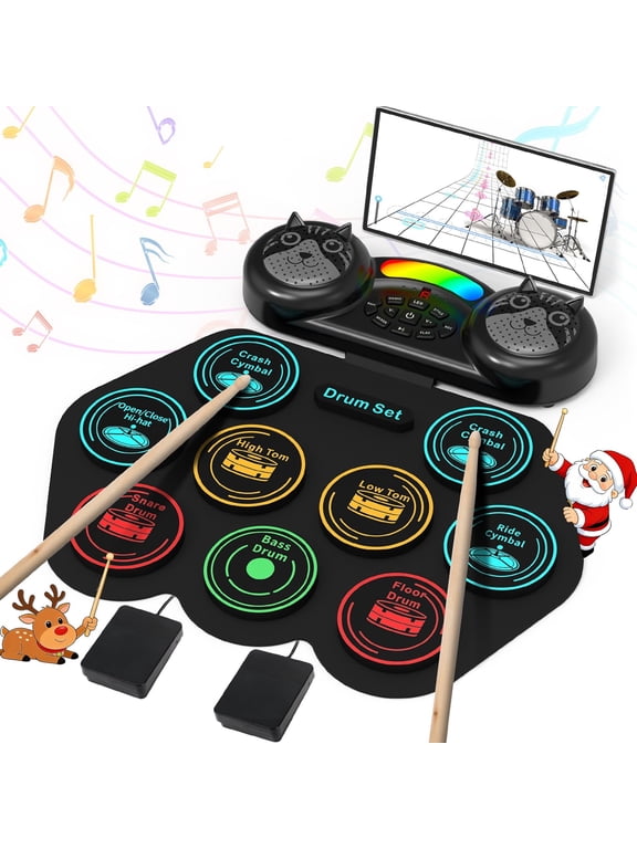 Electronic Drum Set for Kids Adults,9 Pads Portable Electronic Drum Pad Built-in Dual Bluetooth Speaker with Headset Jack/ Drumsticks/ Foot Pedals, Christmas Birthday Gift