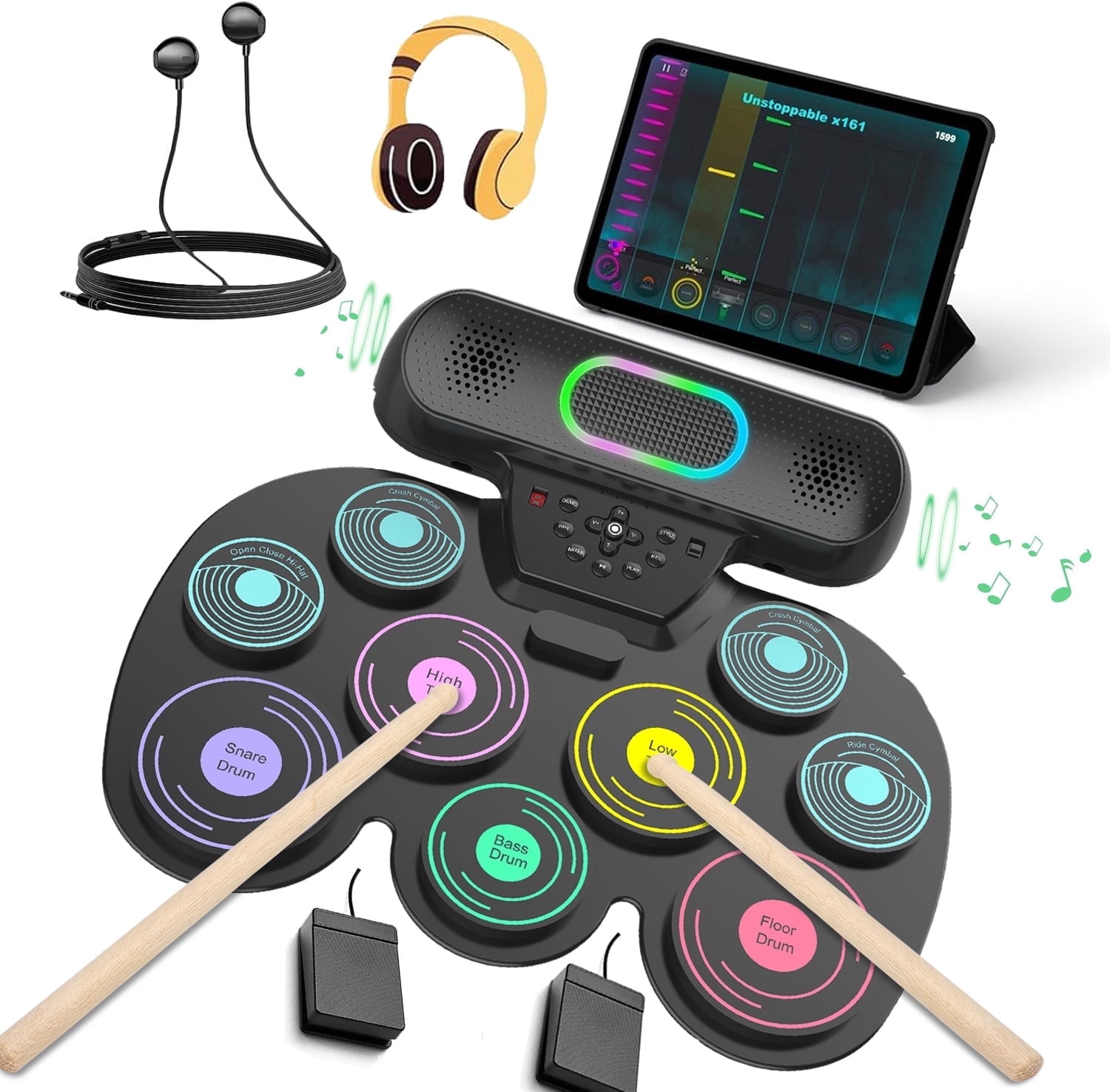 Burufy Electronic Drum Set for Kids Adults,9 Pads Portable Electronic Drum Pad Built-in Dual Bluetooth Speaker with Headset Jack/ Drumsticks/ Foot Pedals, Christmas Birthday Gift