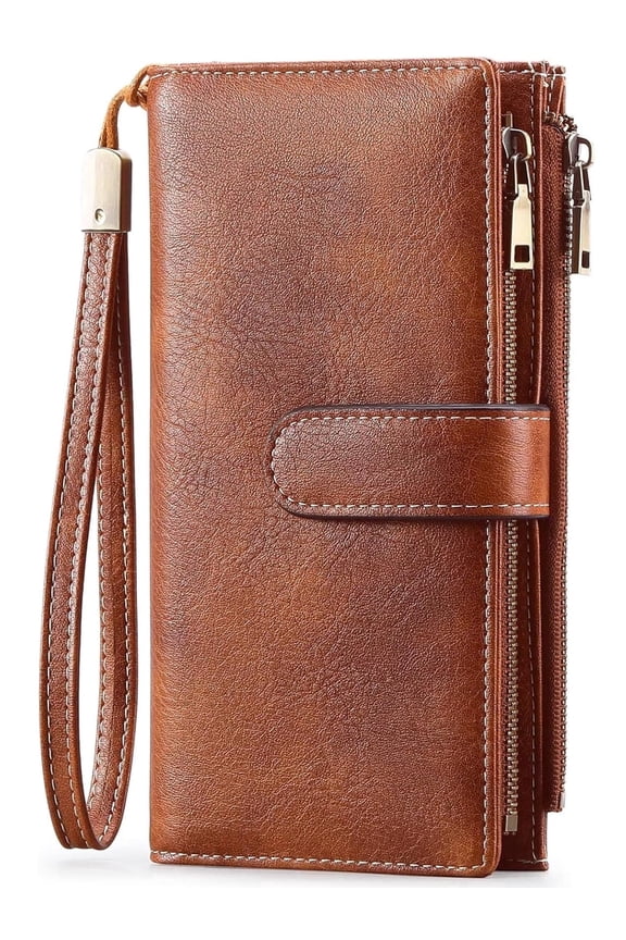 Wallets for Women, Genuine Leather Credit Card Holder with RFID Blocking Double Zipper, Large Capacity Bifold Wristlet Clutch Wallet
