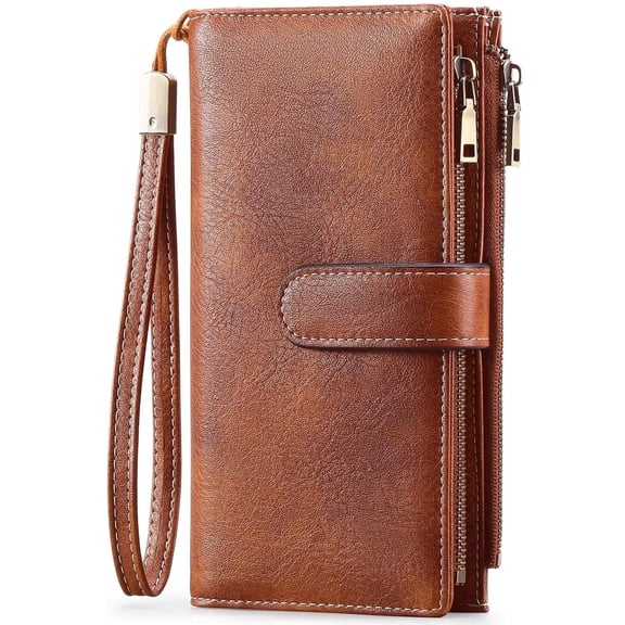 Gmdisc Wallets for Women, Genuine Leather Credit Card Holder with RFID Blocking Double Zipper, Large Capacity Bifold Wristlet Clutch Wallet
