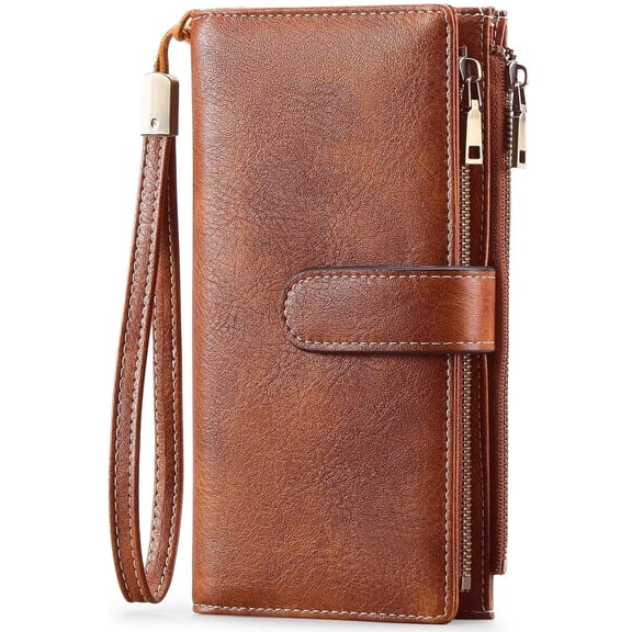 Burufy Wallets for Women, Genuine Leather Credit Card Holder with RFID Blocking Double Zipper, Large Capacity Bifold Wristlet Clutch Wallet