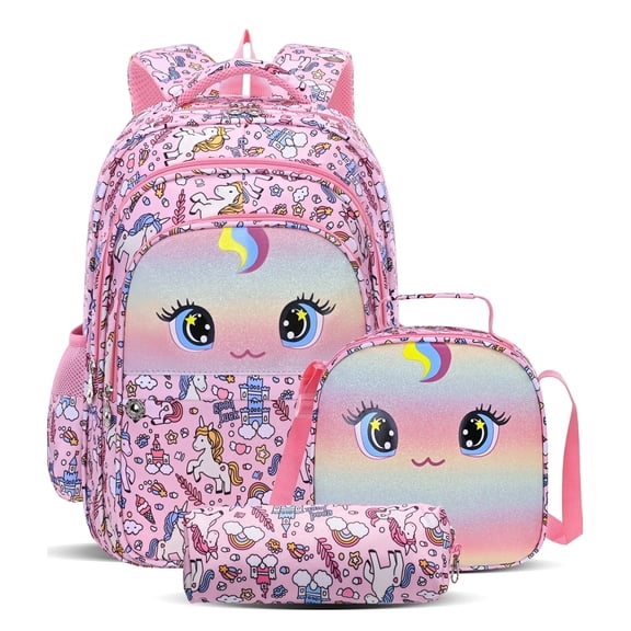 Burufy Kids School Backpack Set for Girls, 3-in-1 School Bag with Lunch Bag & Pencil Case for Primary Middle Students-Pink
