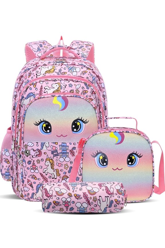 3PCS School Backpack Set for College Teens Girlish, Lightweight Waterproof School Bag Daypack with Lunch Bag & Pencil Case for Primary Middle Students-Pink