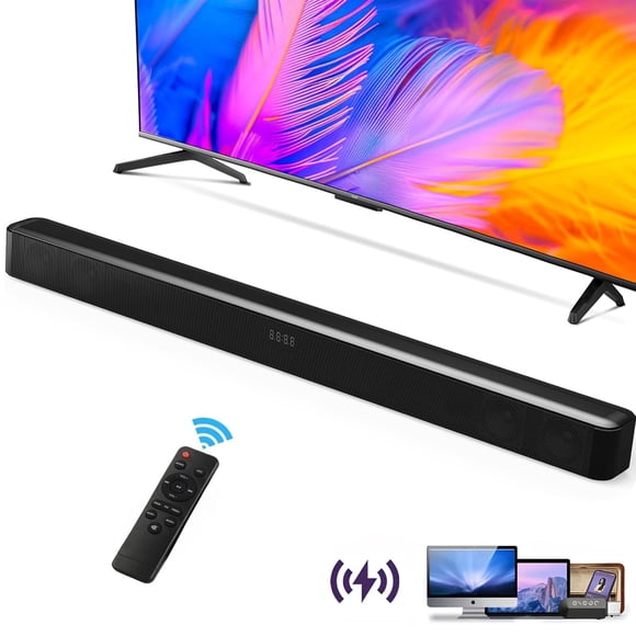 Burufy Sound Bar for TV, 60W Soundbar TV Speakers, 2.0 ch Home Theater with Subwoofer Boost, 3 Equalizer Modes, Soundbar for TV/PC/Gaming/Projectors, Bluetooth, OPT, COX, USB & AUX Wall Mountable