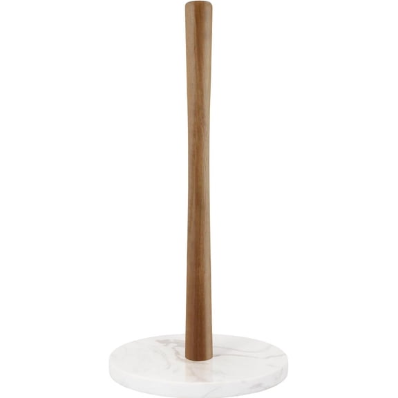 Buruis Acacia Wood Paper Towel Holder with Marble Base, White | One-Hand Tear, Countertop Organizer, Weighted Modern Kitchen Decor
