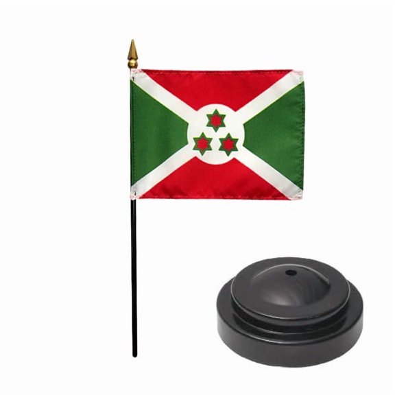 Burundi Desk Flag with Base; American Made Rayon 4x6 inch Miniature Table Set Includes One Small Mini Country Stick Flags and One Black Stand (Burundi Desk Flag and Base)