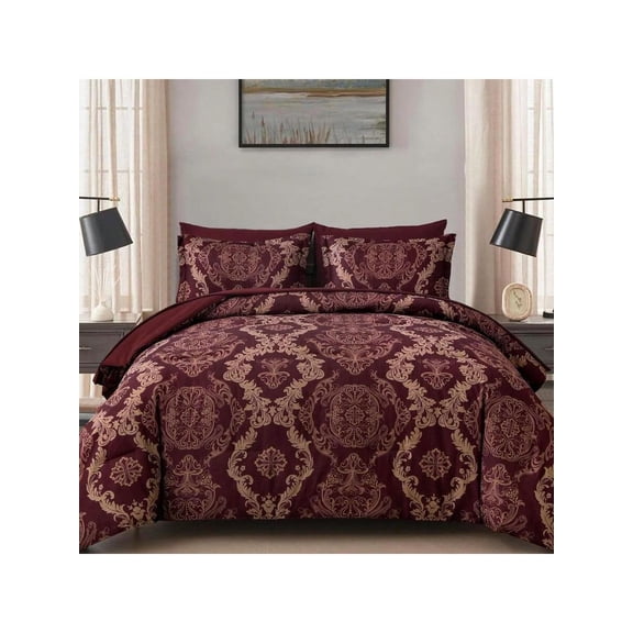 Bury Comforter Set Queen Size Maroon Damask Texture 7 Pieces Bed In A Bag Microfiber Comforter Bedding Sets 1 Comforter 1 Flat Sheet 1 Fitted Sheet 2 Pillow Shams 2 Pillowcases