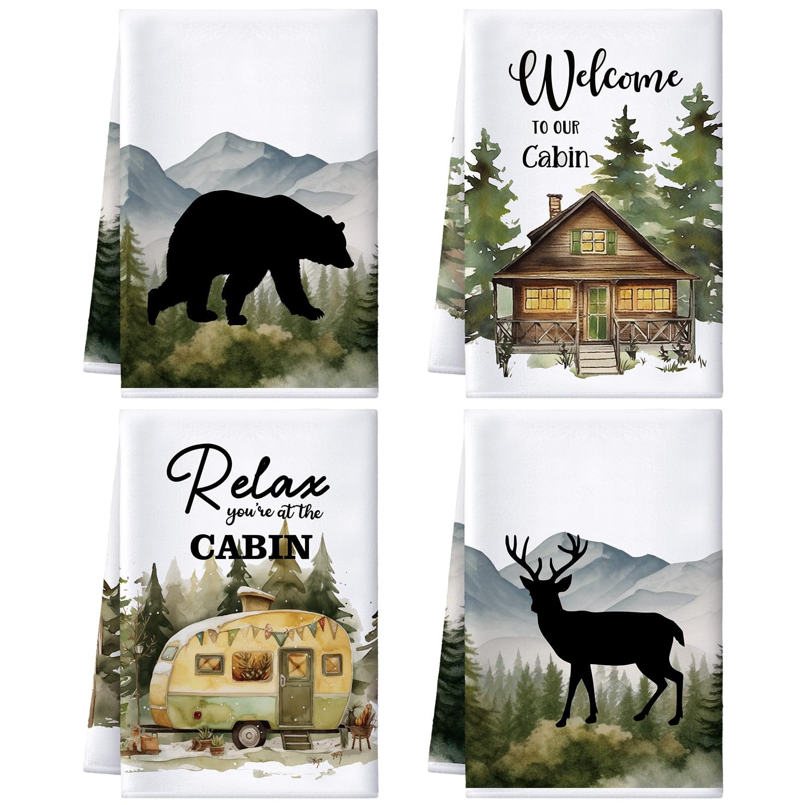 Buryeah 4 Pcs Cabin Kitchen Towels Set Camping Dish Towels Bear Deer ...