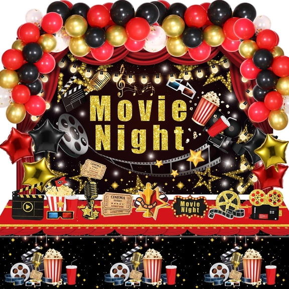Buryeah 99 Pcs Movie Night Party KKS1Decorations Kit Film Supplies Include Cinema Themed Table Cover Photo Backdrop Film Cutouts and Colorful Balloons for Movie Night Birthday Party Decorations