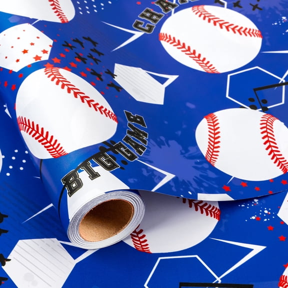 Burymento Baseball Wrapping Paper Roll - 17in x 16.4ft Mini Roll, Elegant Blue Baseball Champ Sports Gift Wrap for Birthday, Party, Holiday, Team Celebration, Baby Shower, Father's Day