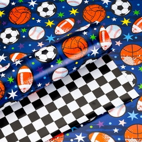 Burymento Baseball Wrapping Paper Roll, Blue Wrapping Paper for Boys Birthday, Reversible Basketball, Football, Hockey Soccer & Checkered Flag Sports Themed Gift Wrap for Sports Fan(17 In X 16.5 Ft)