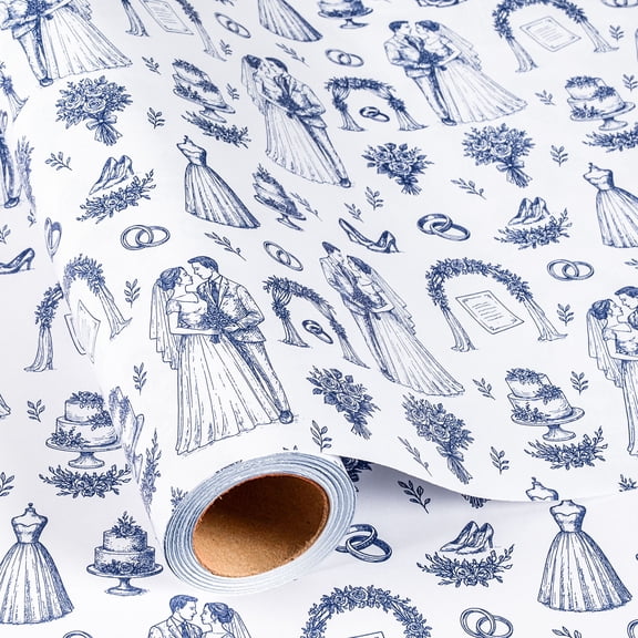 Burymento Blue Toile Wedding Wrapping Paper, Vintage Blue & White Floral Bridal Design with Couples Gift Wrap for Bridal Shower, Engagement, Anniversary, Valentine's Day (Mini Roll, 17 In x 16.4 Ft)
