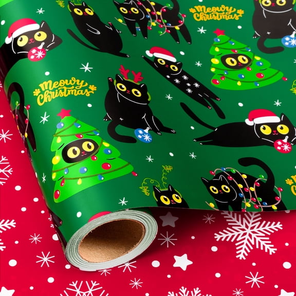 Burymento Cat Christmas Wrapping Paper Roll, Funny Black Cat Red Wrapping Paper for Xmas, Reversible Green Merry Christmas Gift Wrap for Holiday, Present Packaging (Mini Roll, 17 Inch X 32.8Feet)