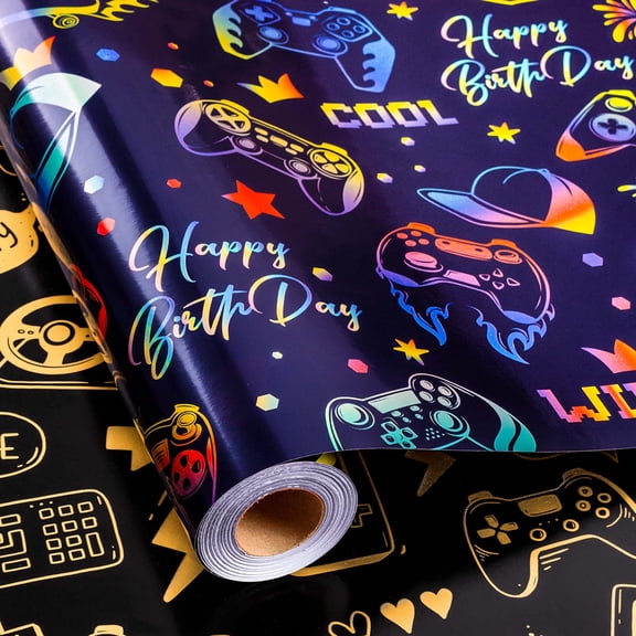 Burymento Gaming Wrapping Paper, Blue Birthday Wrapping Paper for Boys, Holographic Video Game Controller Theme Gift Wrap for Boys Men Birthday, Christmas, Father's Day (Mini Roll, 17 In X 33 Ft)