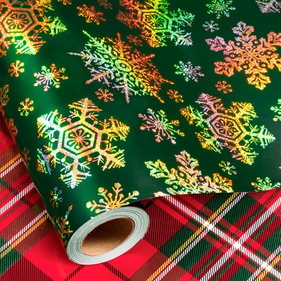 Burymento Green Christmas Wrapping Paper, Holographic Gold Snowflake Christmas Gift Wrapping Paper, Reversible Red Tartan Plaid Xmas Gift Wrap for Winter Holiday, Party & Family (17 Inch X 32.8 Feet)