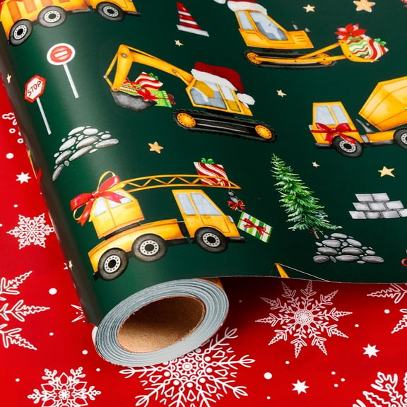 Burymento Green Christmas Wrapping Paper for Kids, Funny Construction Trucks Christmas Wrapping Paper, Reversible Red Snowflakes Xmas Gift Wrap for Holiday, Present Packaging (17 Inch X 32.8 Feet)