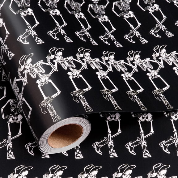 Burymento Halloween Wrappng Paper Roll, Cowboy Skeleton Black Gift Wrapping Paper, Retro Western Dancing Skulls Gift Wrap for Halloween, Birthday, Gothic Party Decor (Mini Roll, 17 In x 16.4 Ft)