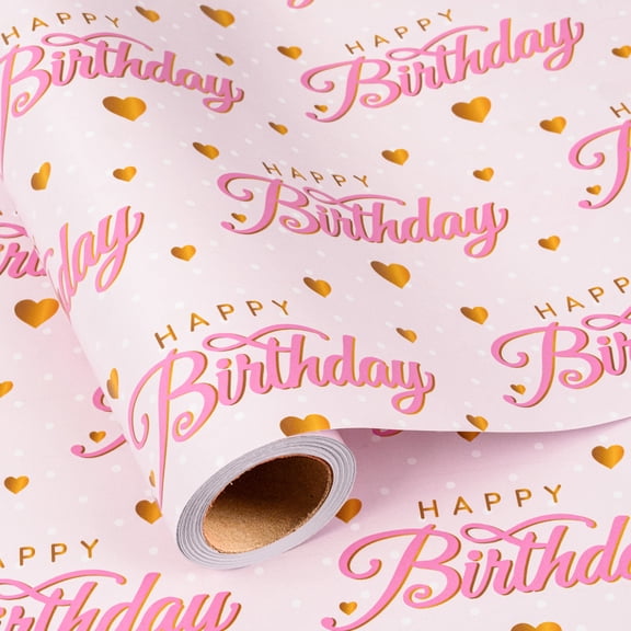 Burymento Pink Birthday Wrapping Paper Roll - 17in x 16.4ft, Happy Birthday Heart Girly Gift Wrap for Girls Women Party,Babay Girl Shower,Valentines, Mothers Day, Graduation, Wedding, Gift Packaging